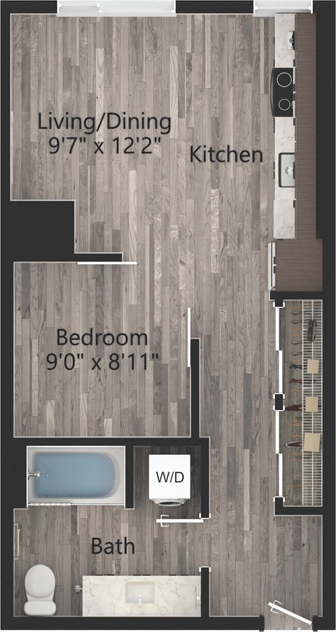 Floor plan for 1 bed, 1 bath, 546 sqft
